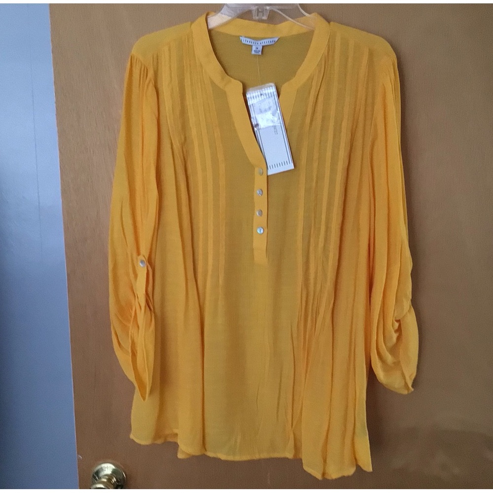 Pin-tucked blouse in mustard. 2X